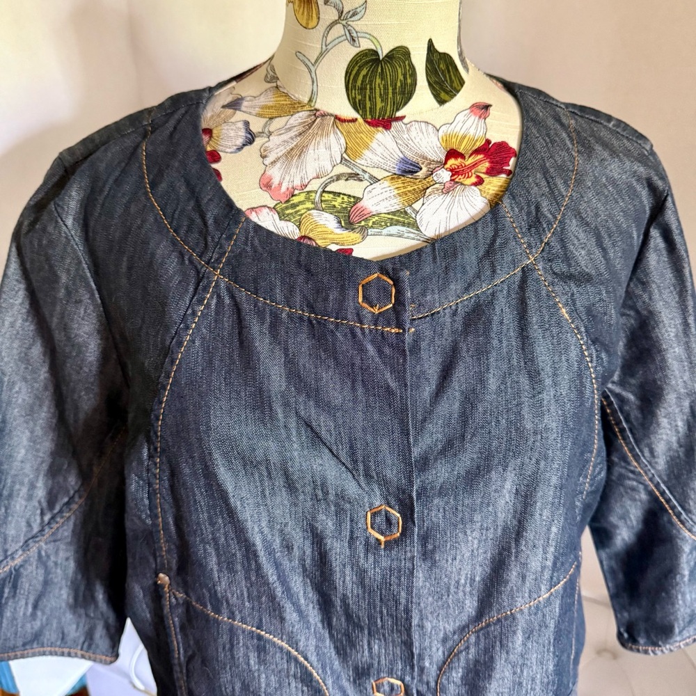 APOSTROPHE JACKET RAGLAN SLEEVE BLUE DENIM MAGNETIC SILVER BUTTONS BELTED SZ 10P - Picture 3 of 5